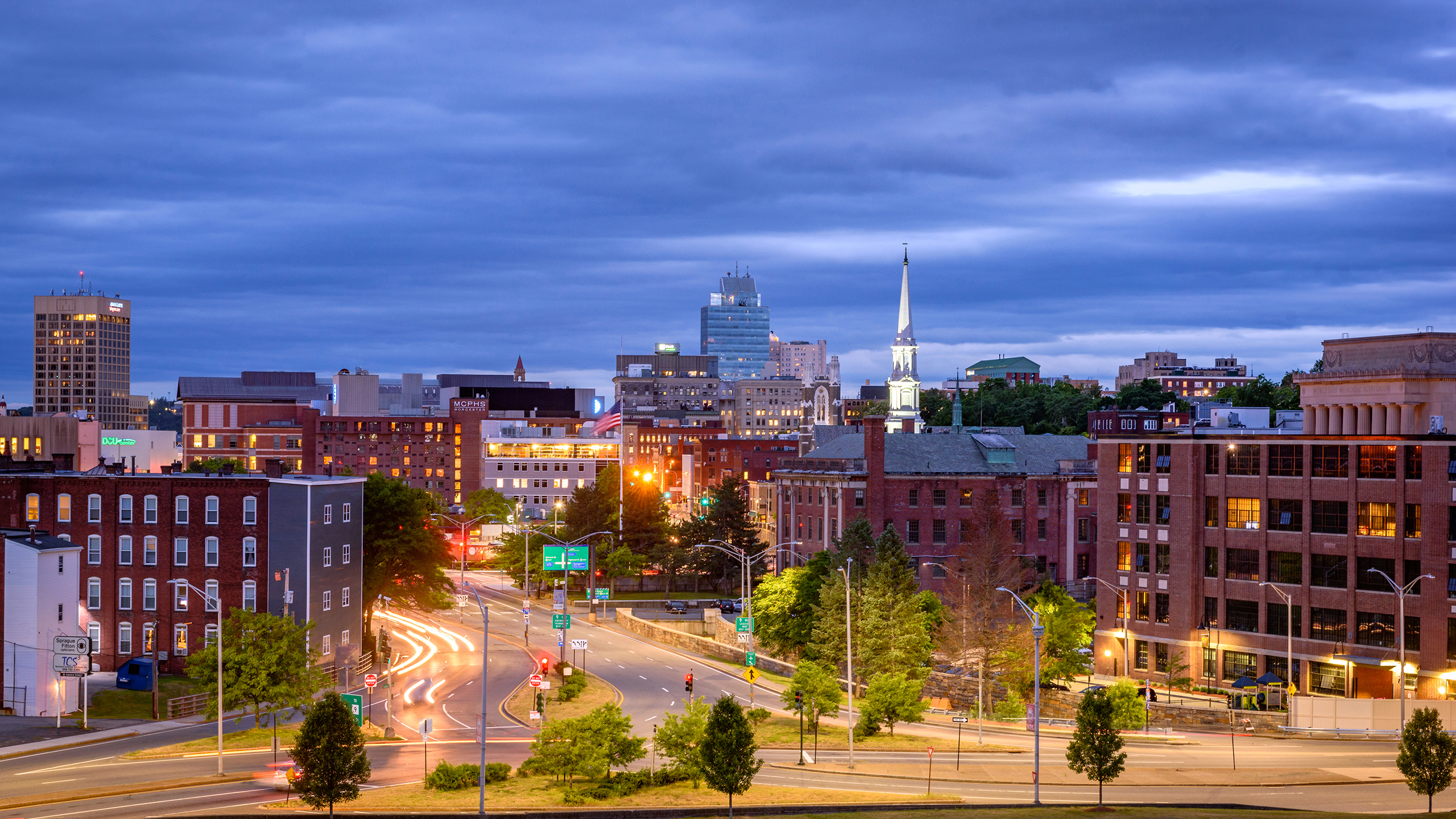 A shot of Worcester at night.