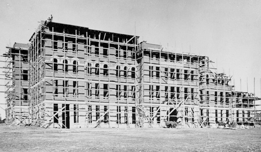 The construction of Jonas Clark Hall at Clark University c. 1888