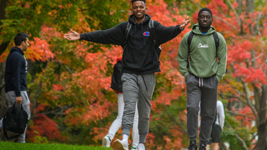 male students walking down path with leaves in backgroun