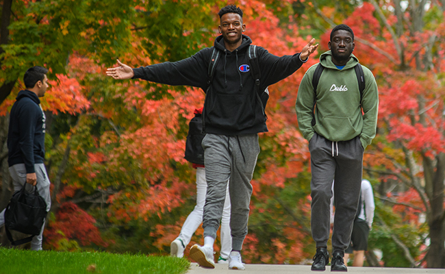 male students walking down path with leaves in backgroun