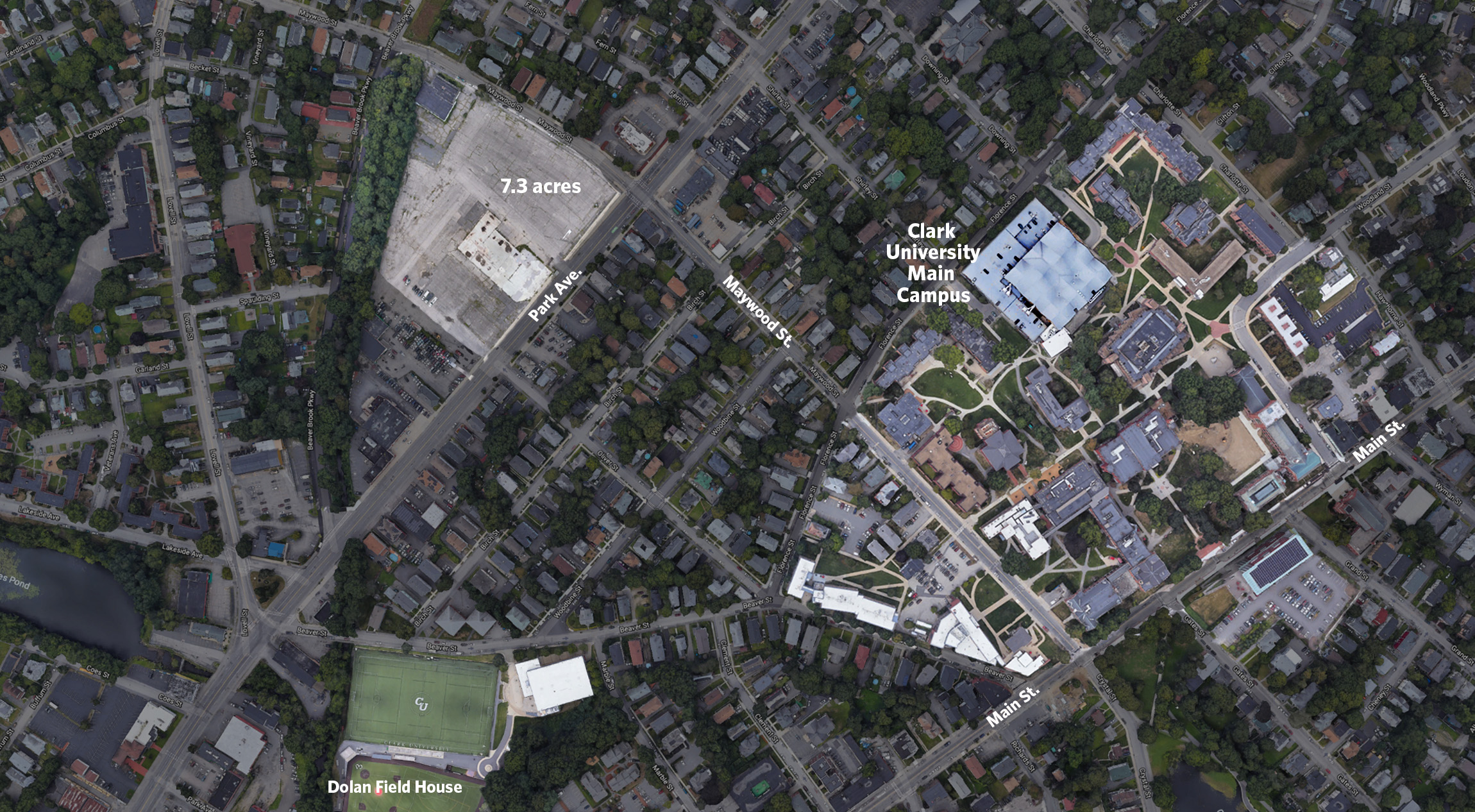 Aerial shot of Park Avenue parcel with Clark campus highlighted