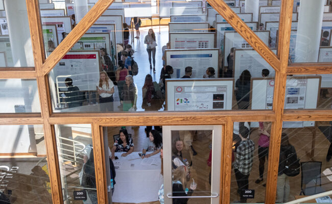 Students presenting posters in academic hall