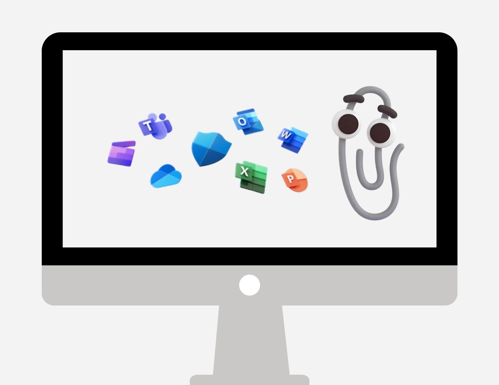 Illustration of a desktop computer. On the screen, icons for Office products float next to a large paper clip with a smiley face and googly eyes.