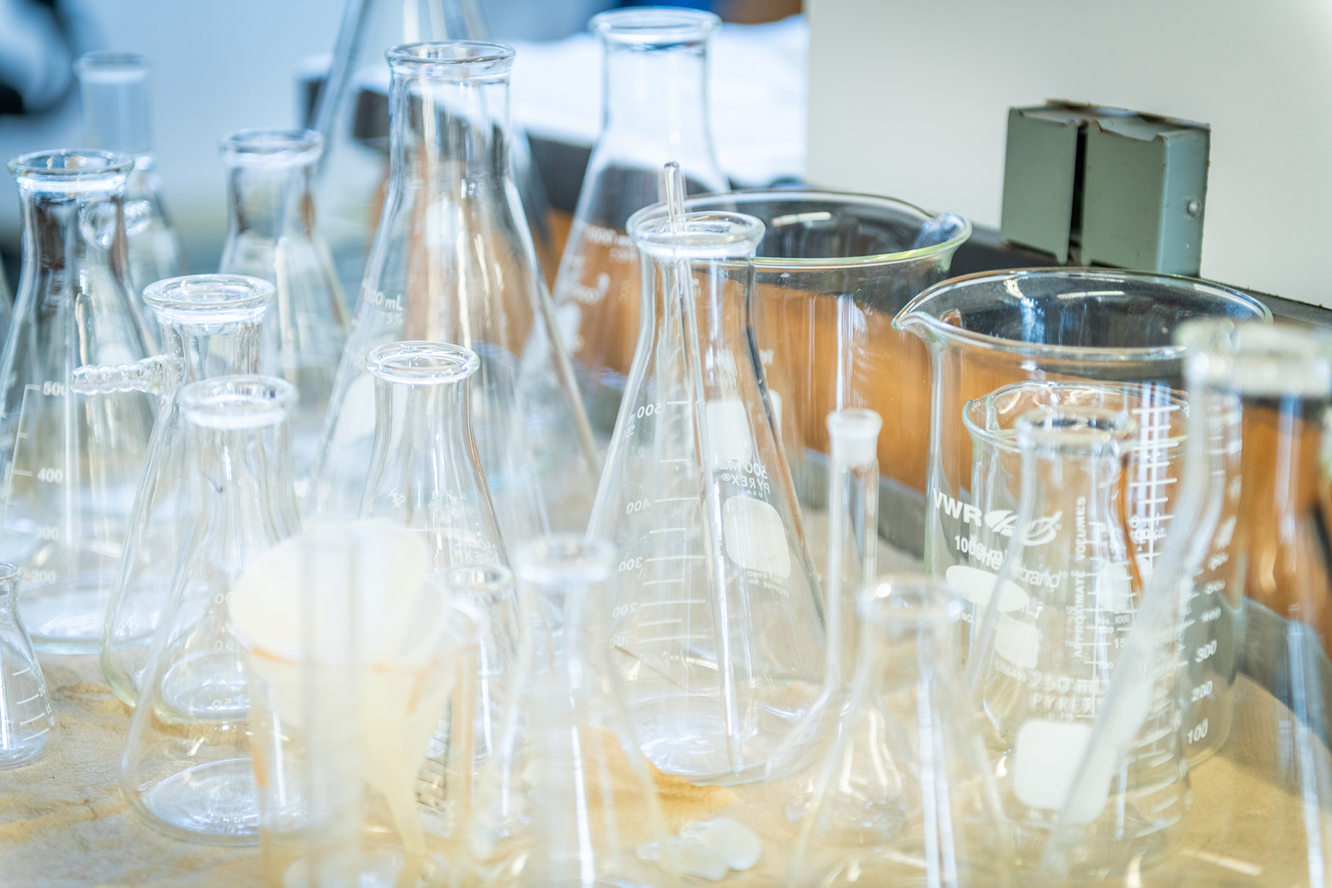 Equipment and beakers in Clark University science lab
