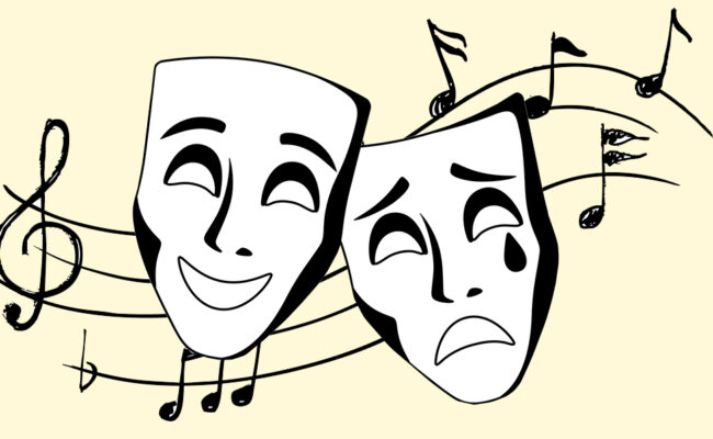 Masks of comedy and tragedy in front of musical staff and notes