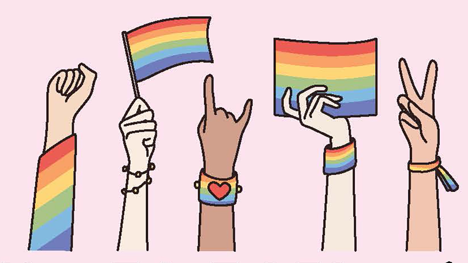 Graphic of hands holding LGBTQ+ flags and wearing rainbow jewelry