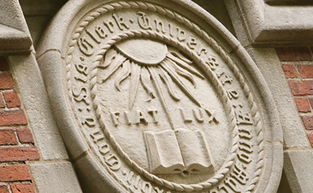 Clark University seal, carved in stone