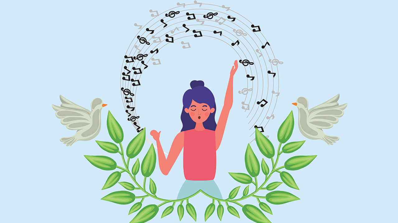 Woman singing surrounded by music notes and olive leaves