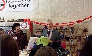 Clark University President David Angel speaks before a ribbon-cutting event at the Clark Community Thrift store, Sept. 5. (From video by Carlos Deschamps '16)