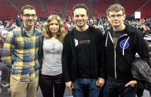Elena Zhizhimontova ’14 is pictured at the Bitcamp Hackathon with (from left) team member Nicholas Pozoulakis; Brendan Iribe, CEO of Oculus VR; and Michael Antonov, chief software architect at Oculus.