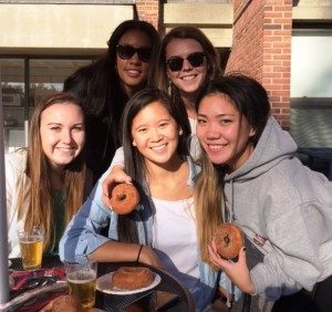 Enjoying the Alden Quad reception are (top row, from left) Rachel Hedgepath and Nina Walsh, and (bottom row, from left) Hannah Fox, Zoe Fishman and Sia Higa (all class of 2017)