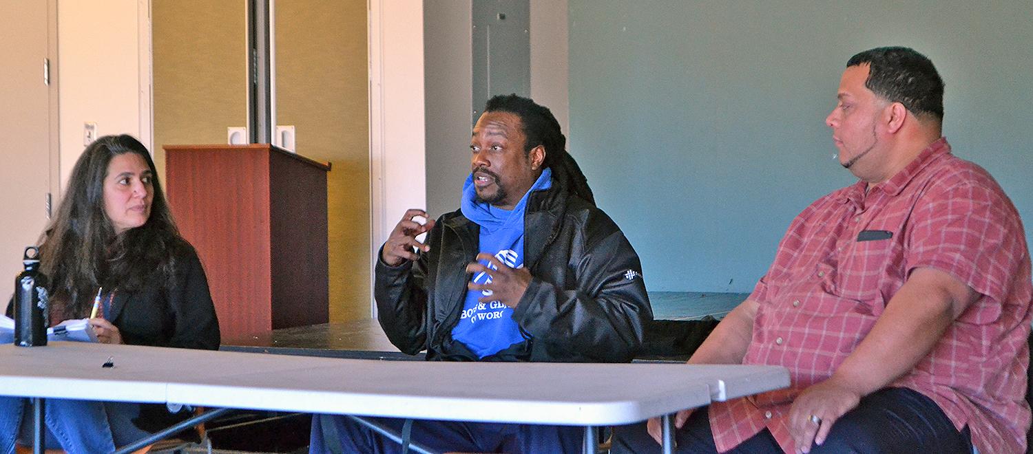 Ike McBride and Roberto Diaz speak at Laurie Ross' class at Clark University