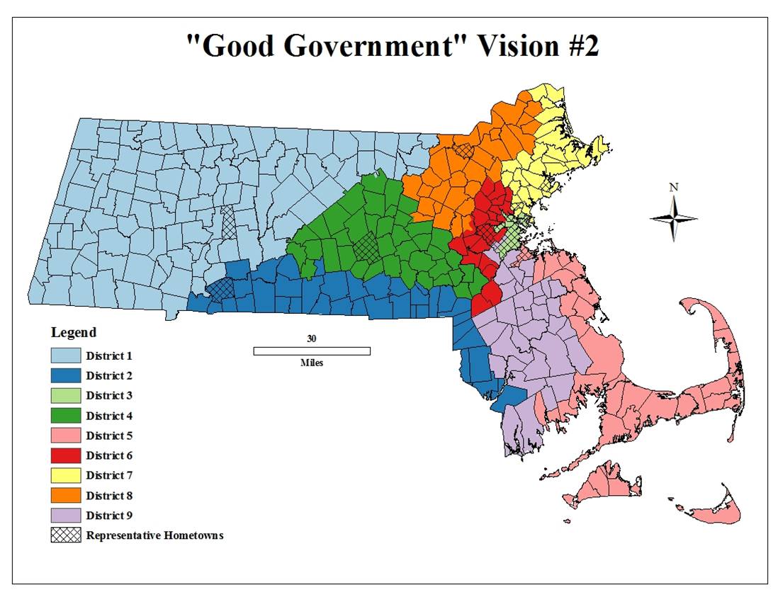 One of five "good government" maps of proposed 2012 Massachusetts Congressional Districts, prepared by Clark University students taking a special spring course, "Congressional Districting: The Geography of Politics."