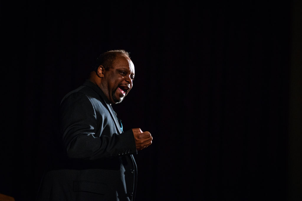 Ron Jones performing on stage at Clark University