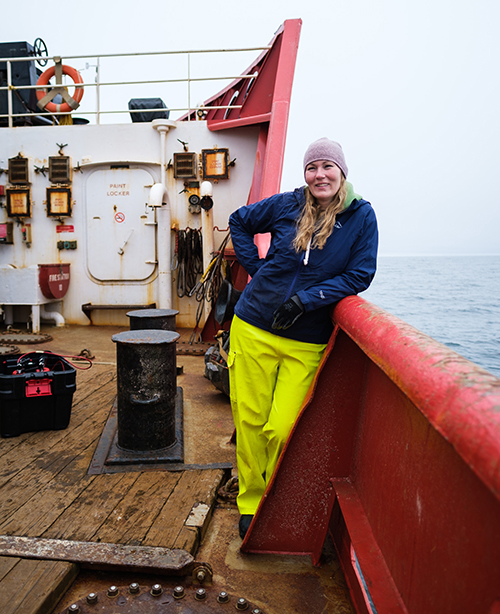 Onboard the CCCS Sir Wilfrid Laurier, Professor Karen Frey waits to deploy her instruments into the Bering Sea. 