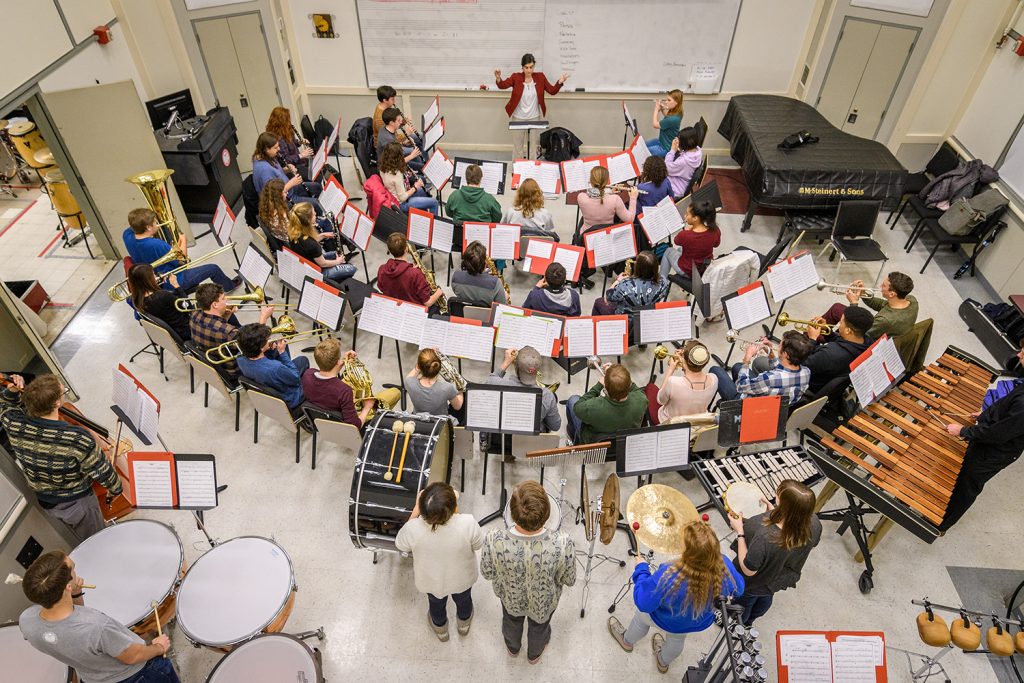 Clark University Concert Band rehearses in Estabrook Hall