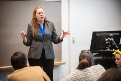 Professor Ora Szekely teaches a political science class at Clark University