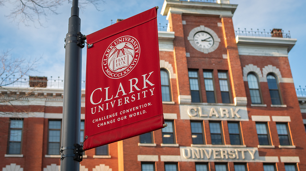 Jonas Clark Hall with Clark University banner