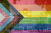 Jonas Clark Hall with Progress Pride flag overlay