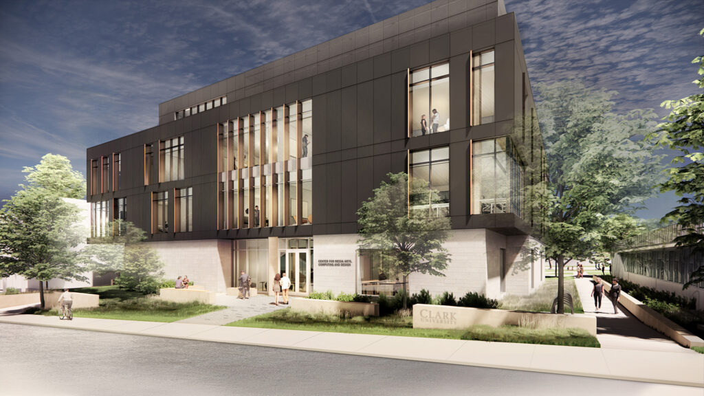 Artist's rendering of the Center for Media Arts, Computing, and Design as viewed from Hawthorne Street.