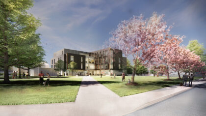 Architect's rendering of the quad and Center for Media Arts, Computing, and Dei