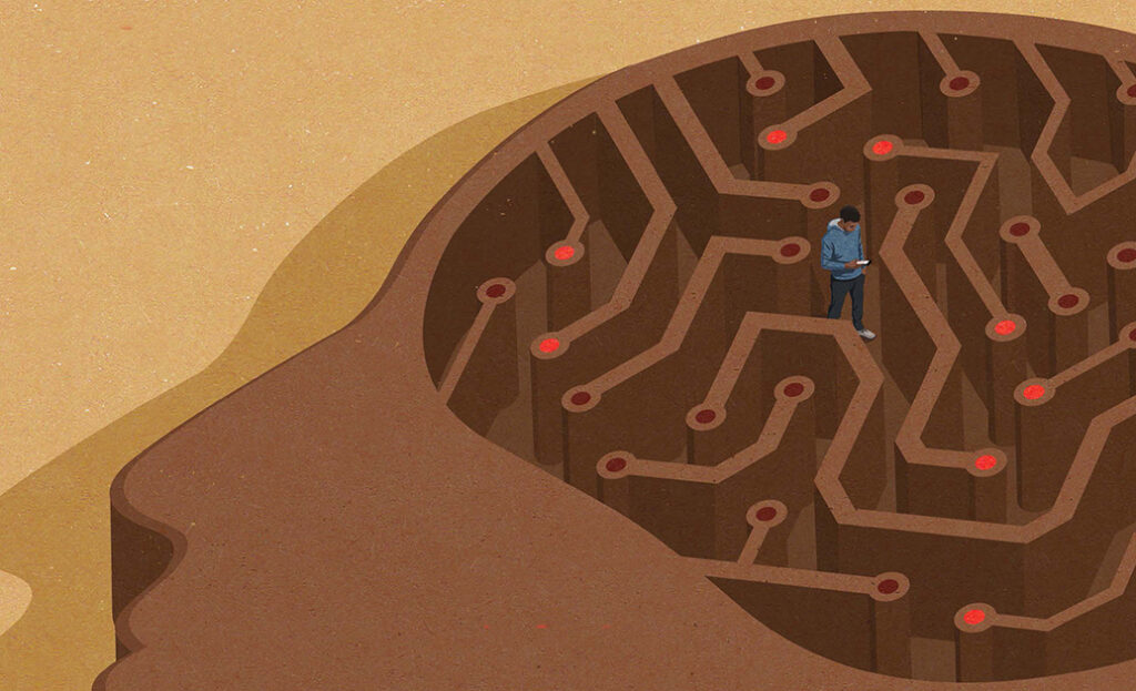 Graphic of young man trapped in a brain-shaped maze