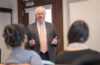 Ralph Crowley, Polar Beverage CEO, speaks with students in the School of Management at Clark University.