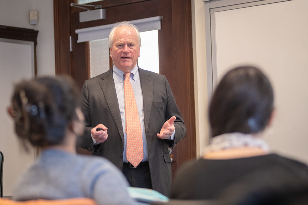 Ralph Crowley, Polar Beverage CEO, speaks with students in the School of Management at Clark University.