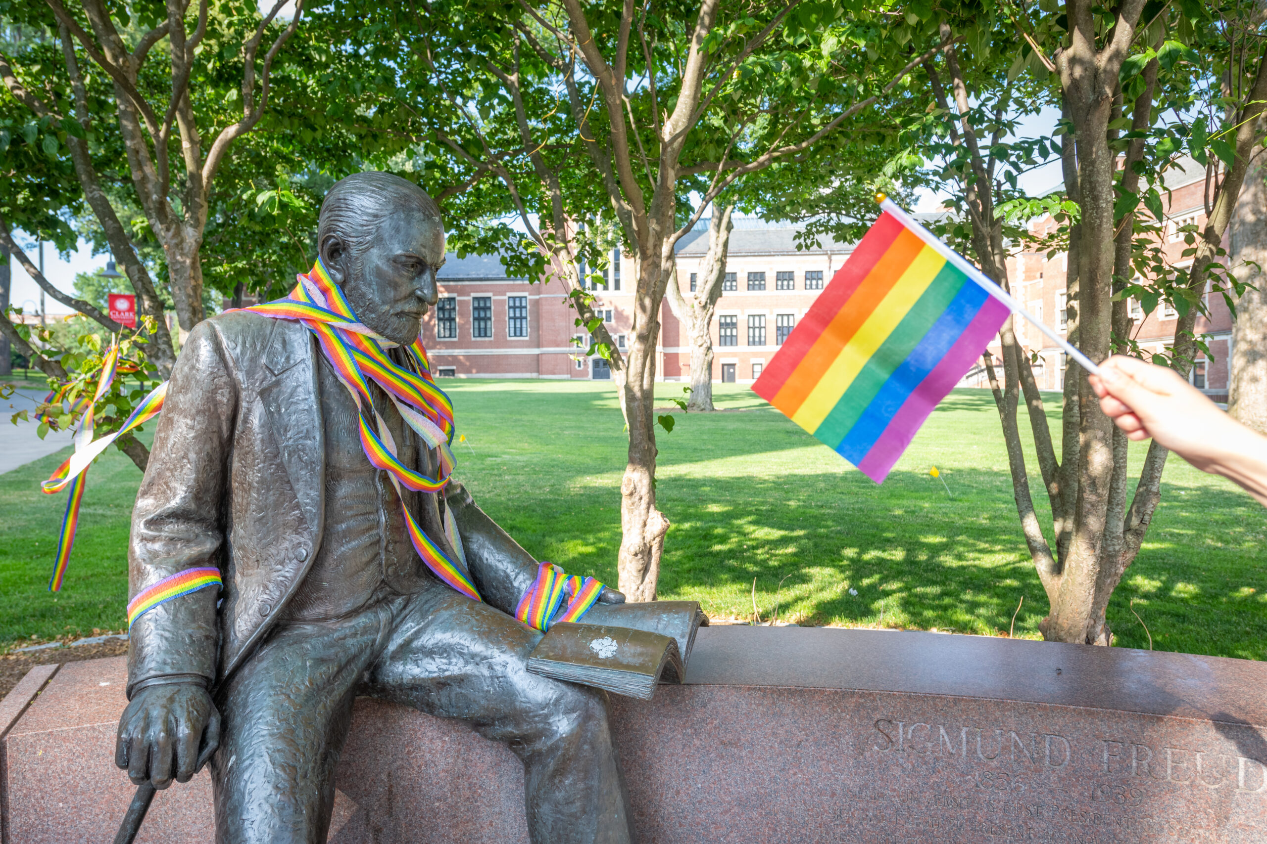 rainbow flag and Freud statue