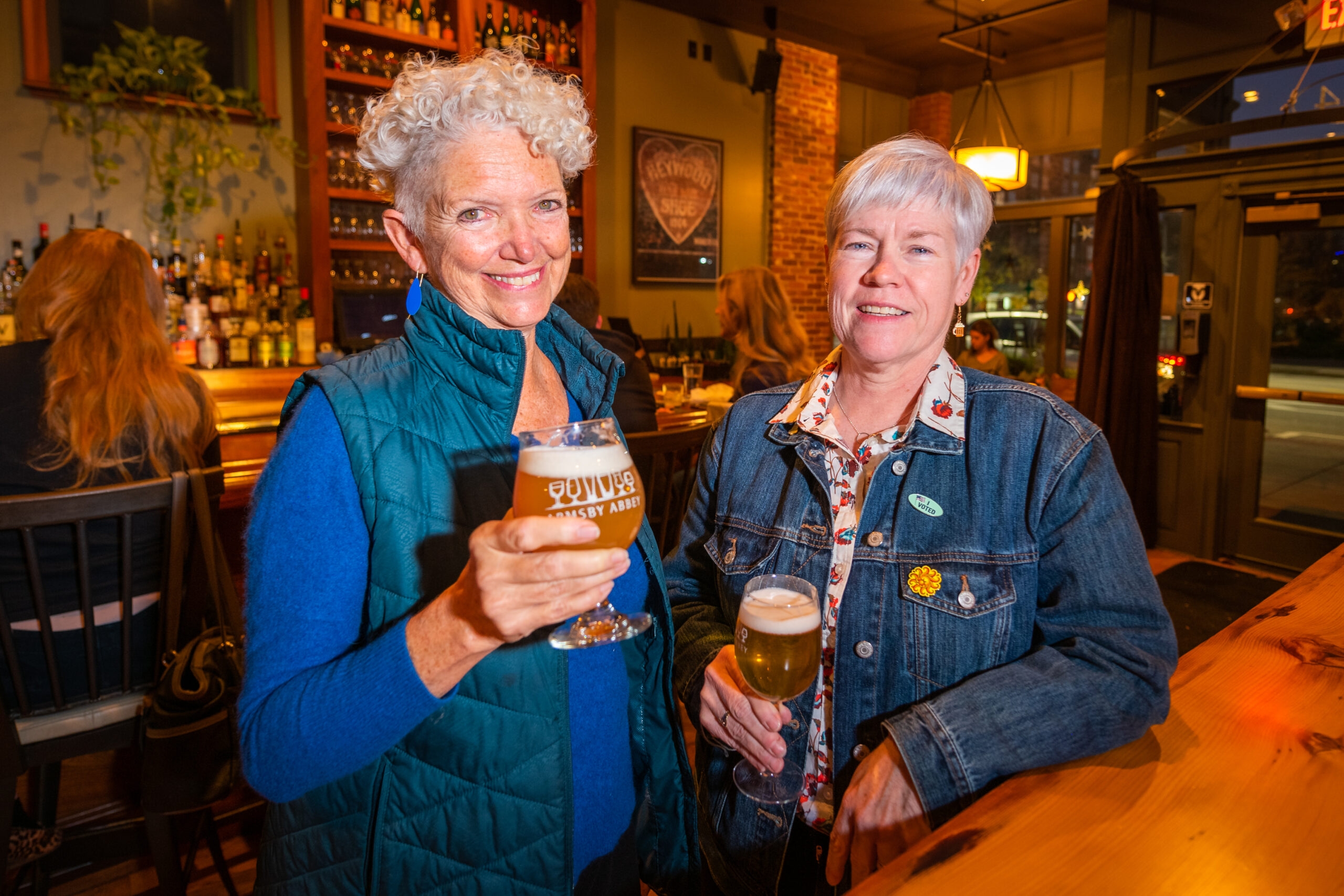 Professors Mary-Ellen Boyle and Jackie Geoghegan taste craft beer 