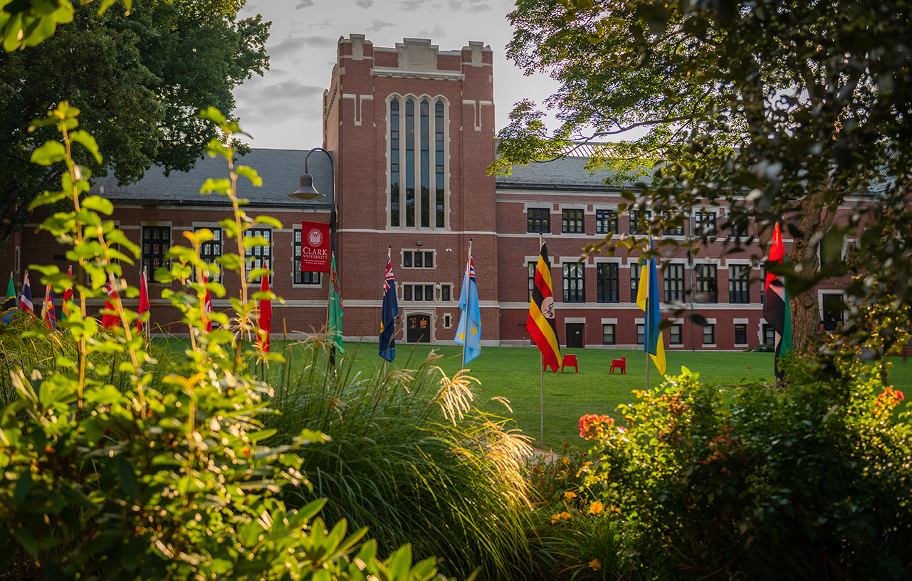 Clark University campus with international flags