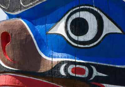 Pacific Northwest Indigenous art of totem pole with eye and ear