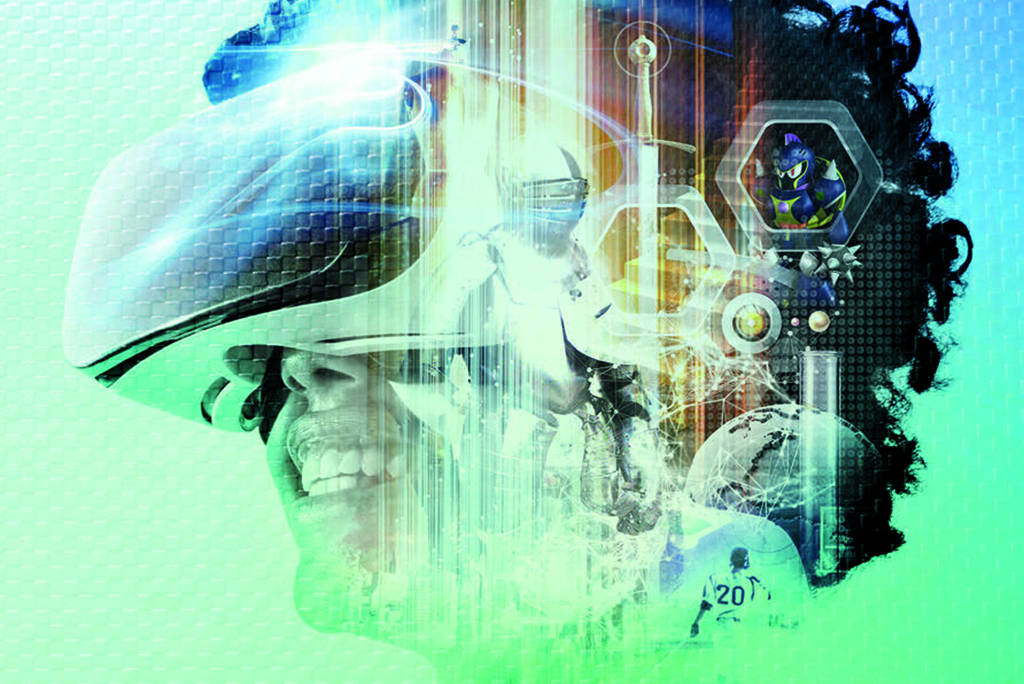Art showing person wearing virtual reality goggles with technology icons 