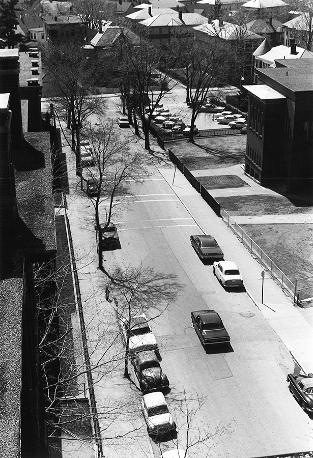 Aerial view of Woodland St. behind Jonas Clark Hall, 1964