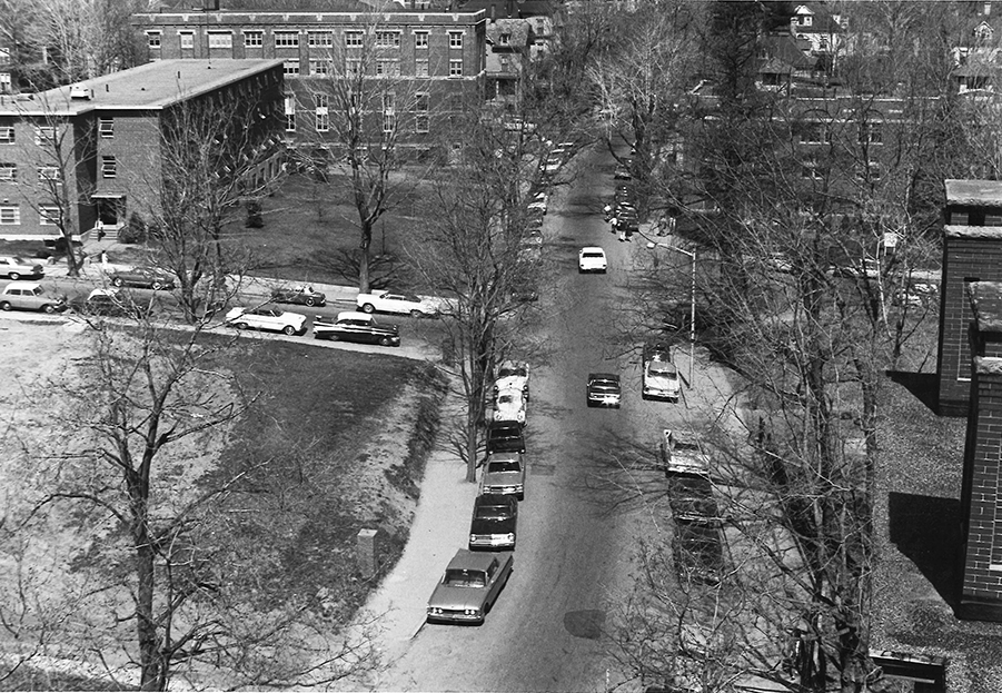 Aerial view of Woodland St. intersection with Downing St. Worcester, 1964