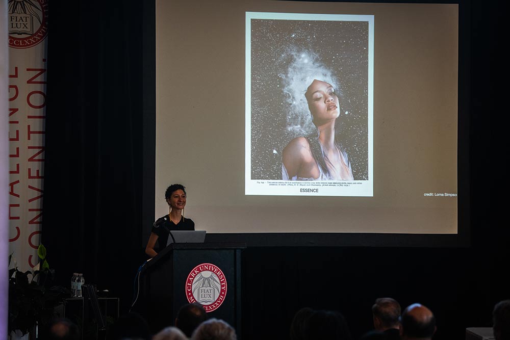 Physicist Chanda Prescod-Weinstein, who presenting Clark’s annual Presidential Lecture with a slide of Rhianna.