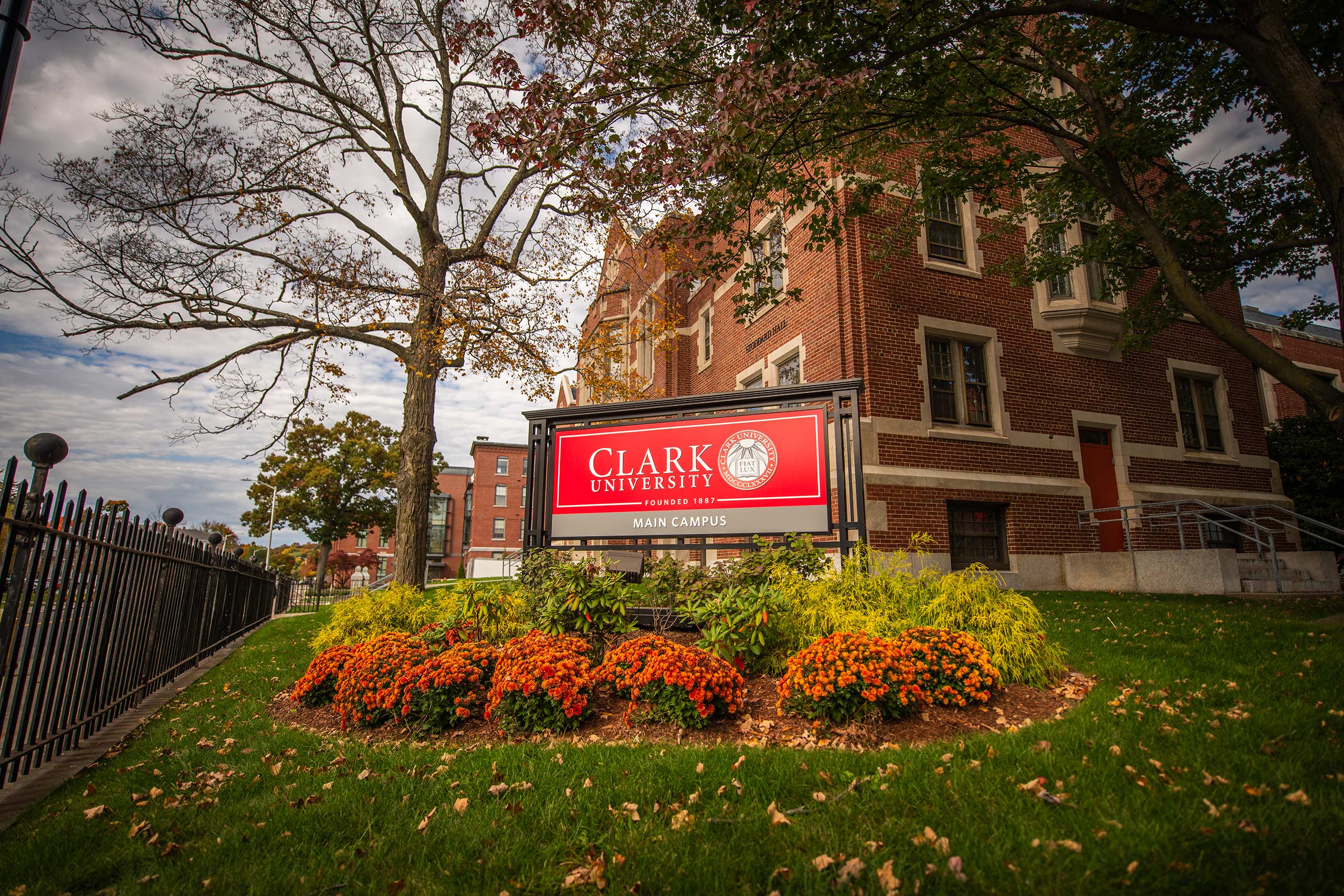 Clark University sign surrounded by chrysanthemums and fallen leaves, fall 2023