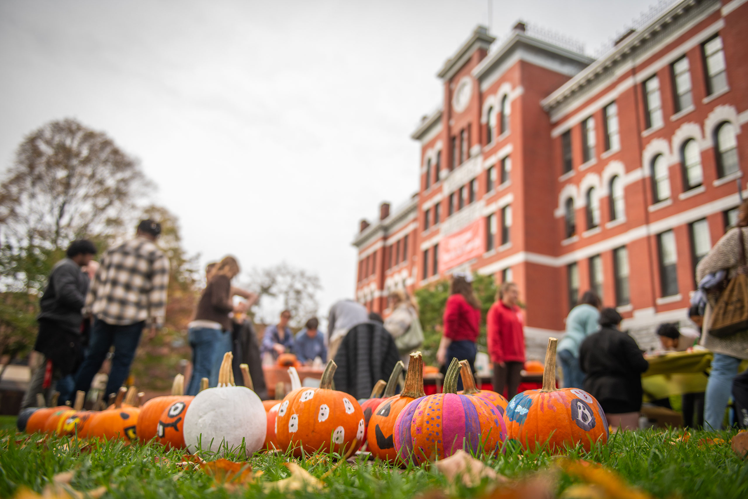 Painted pumpkins and fallen leaves on the ground, Jonas Clark Hall in the background, fall 2023