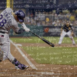 A hitter making contact with the ball, with mathematical symbols superimposed over the image