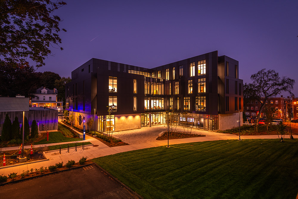 The Center for Media Arts, Computing, and Design, Clark University illuminated at night