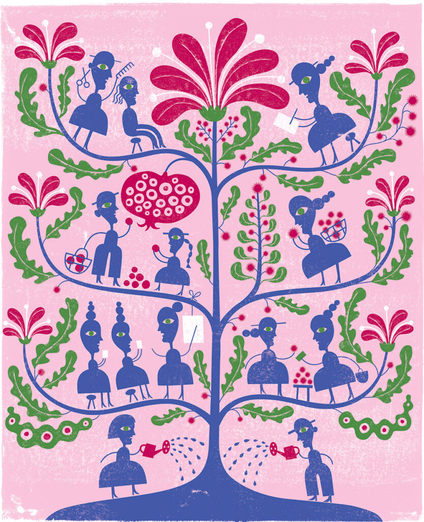 Illustration by Melinda Beck featuring stylized community vignettes interwoven into a tree motif