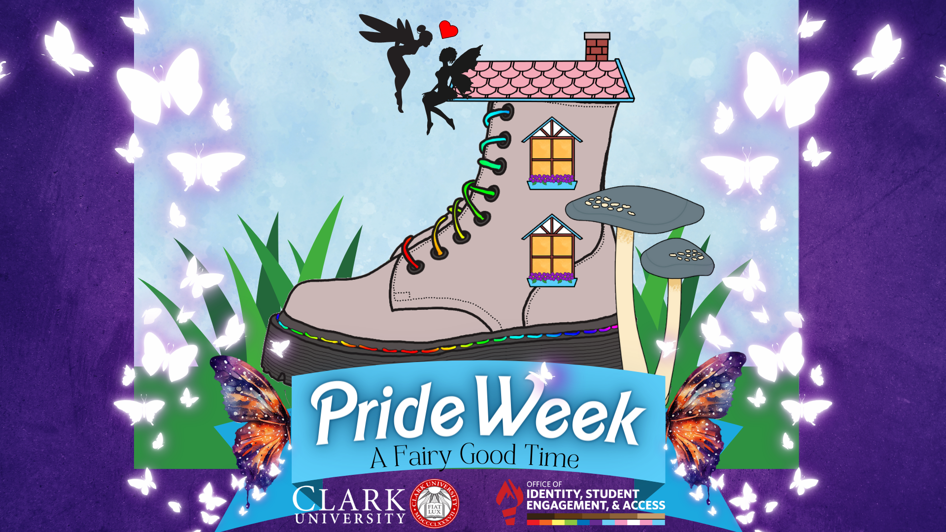 graphic of boot and fairies for pride week 2024