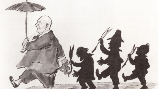 Cartoon of critics following Anton Bruckner in a march
