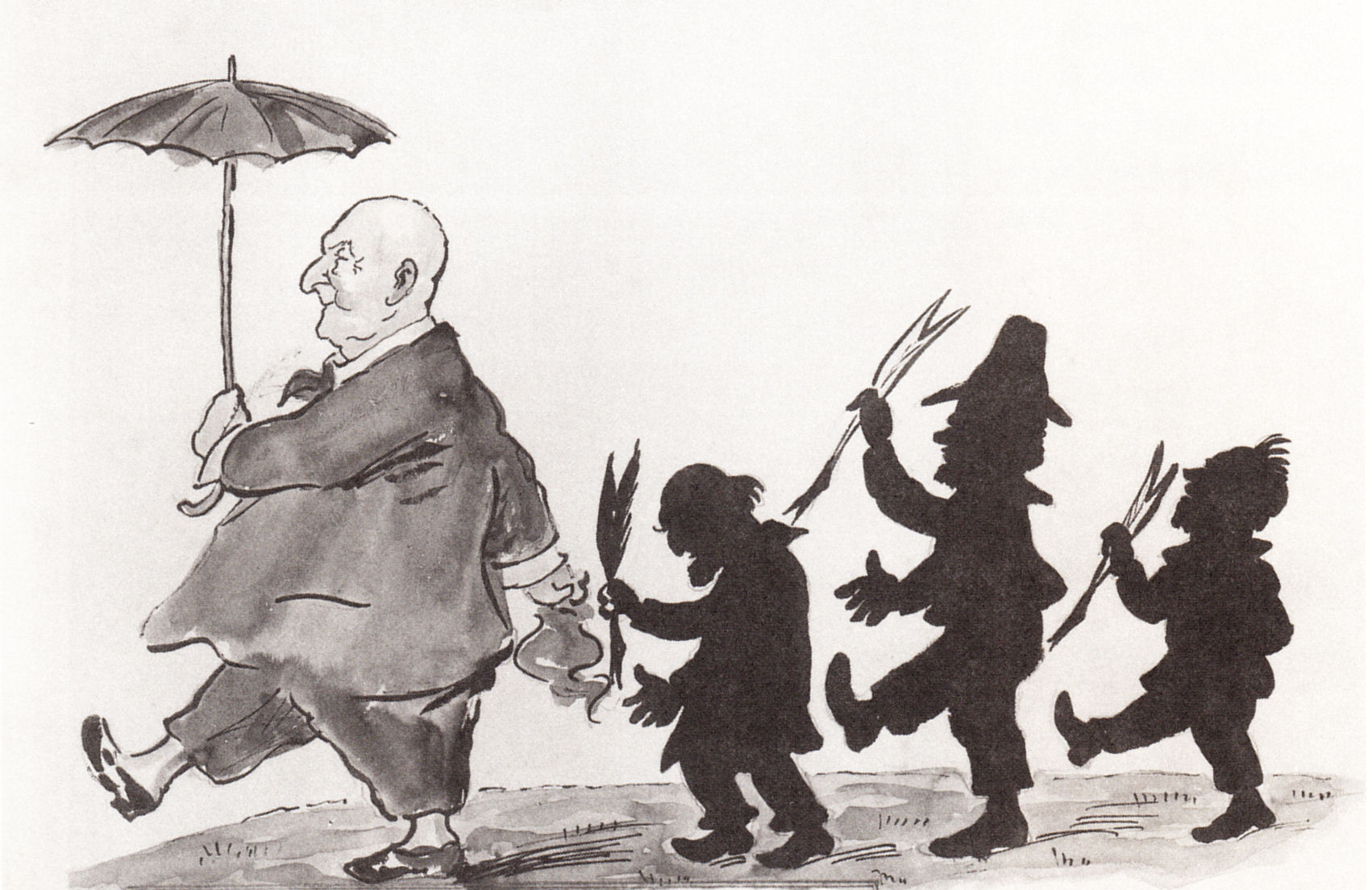 Cartoon of critics following Anton Bruckner in a march, with silhouettes of critics following him