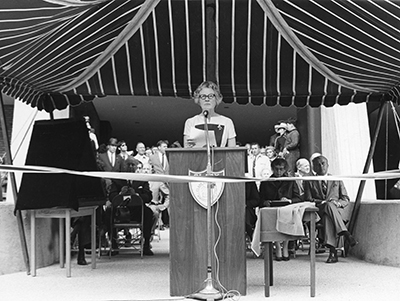 Alice Higgins speaks at the 1969 dedication of Goddard Library.