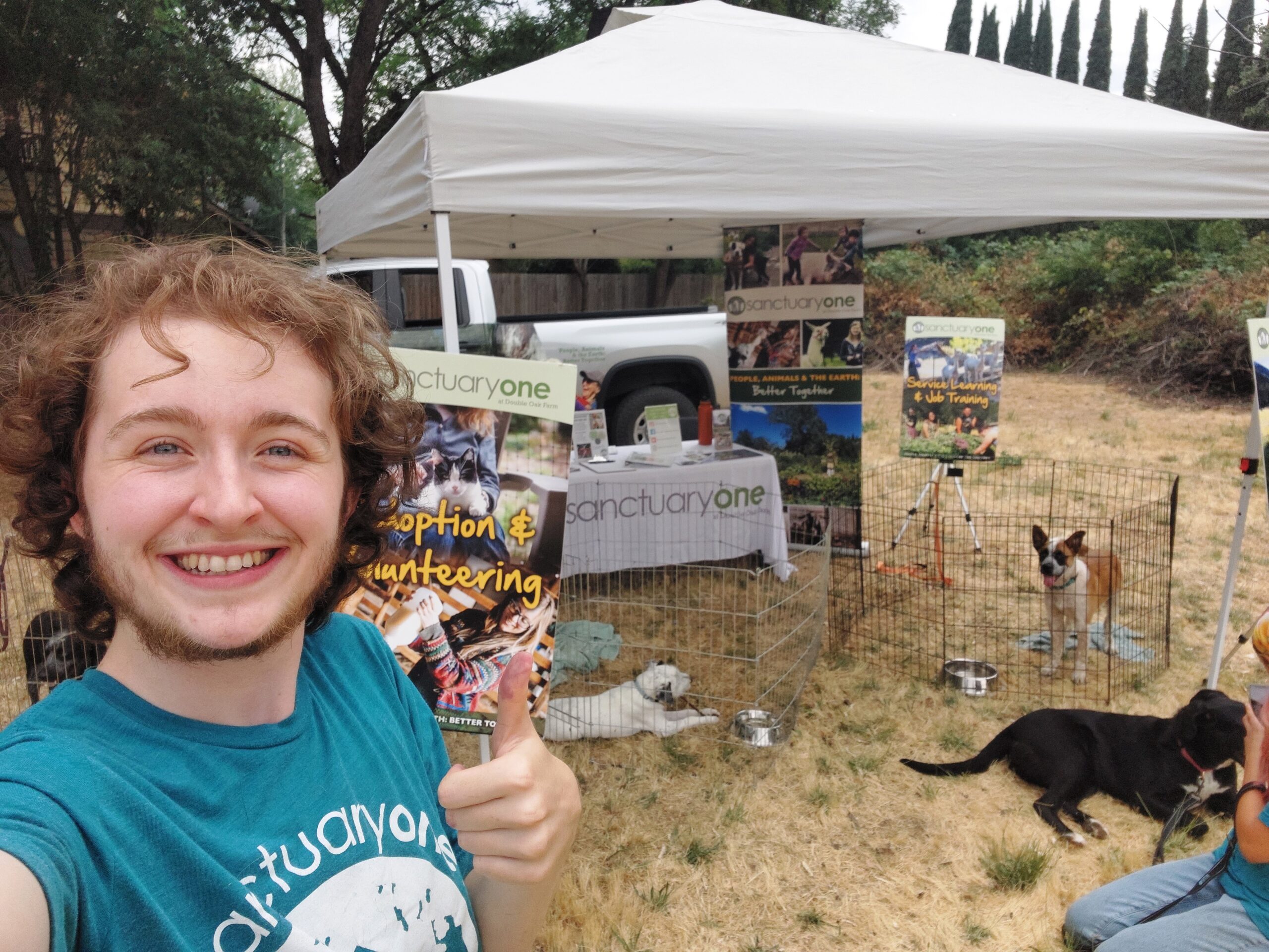 student in front of tent with animals